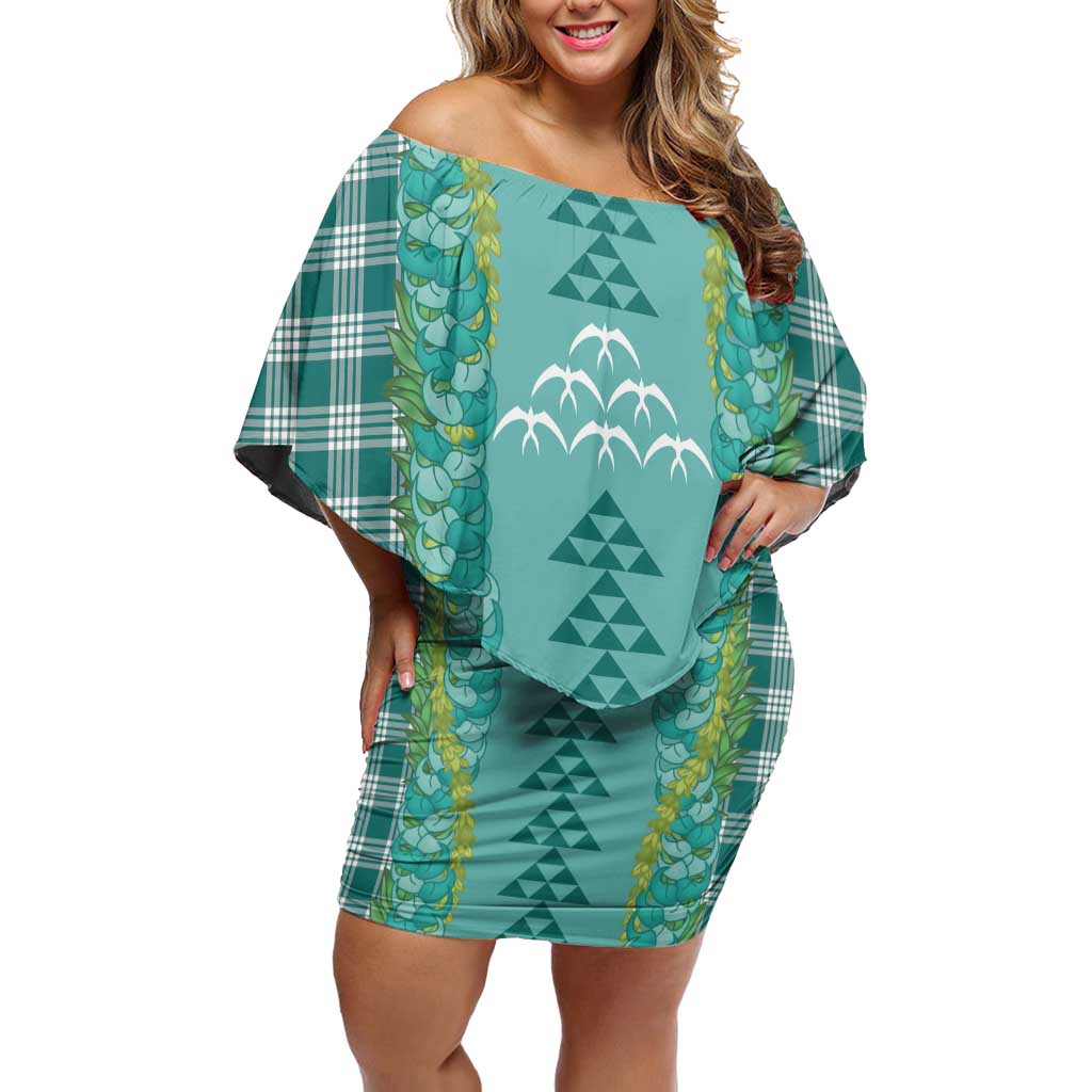 Teal Palaka Hawaii Iwa Bird Off Shoulder Short Dress Hawaiian Kakau Jade Vine Lei - Polynesian Pride
