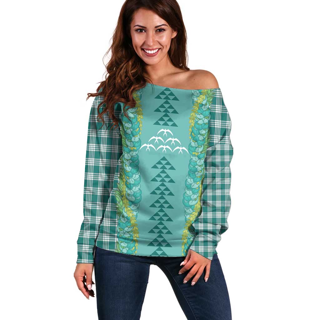 Teal Palaka Hawaii Iwa Bird Off Shoulder Sweater Hawaiian Kakau Jade Vine Lei - Polynesian Pride
