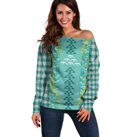 Teal Palaka Hawaii Iwa Bird Off Shoulder Sweater Hawaiian Kakau Jade Vine Lei - Polynesian Pride