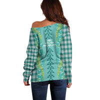 Teal Palaka Hawaii Iwa Bird Off Shoulder Sweater Hawaiian Kakau Jade Vine Lei - Polynesian Pride