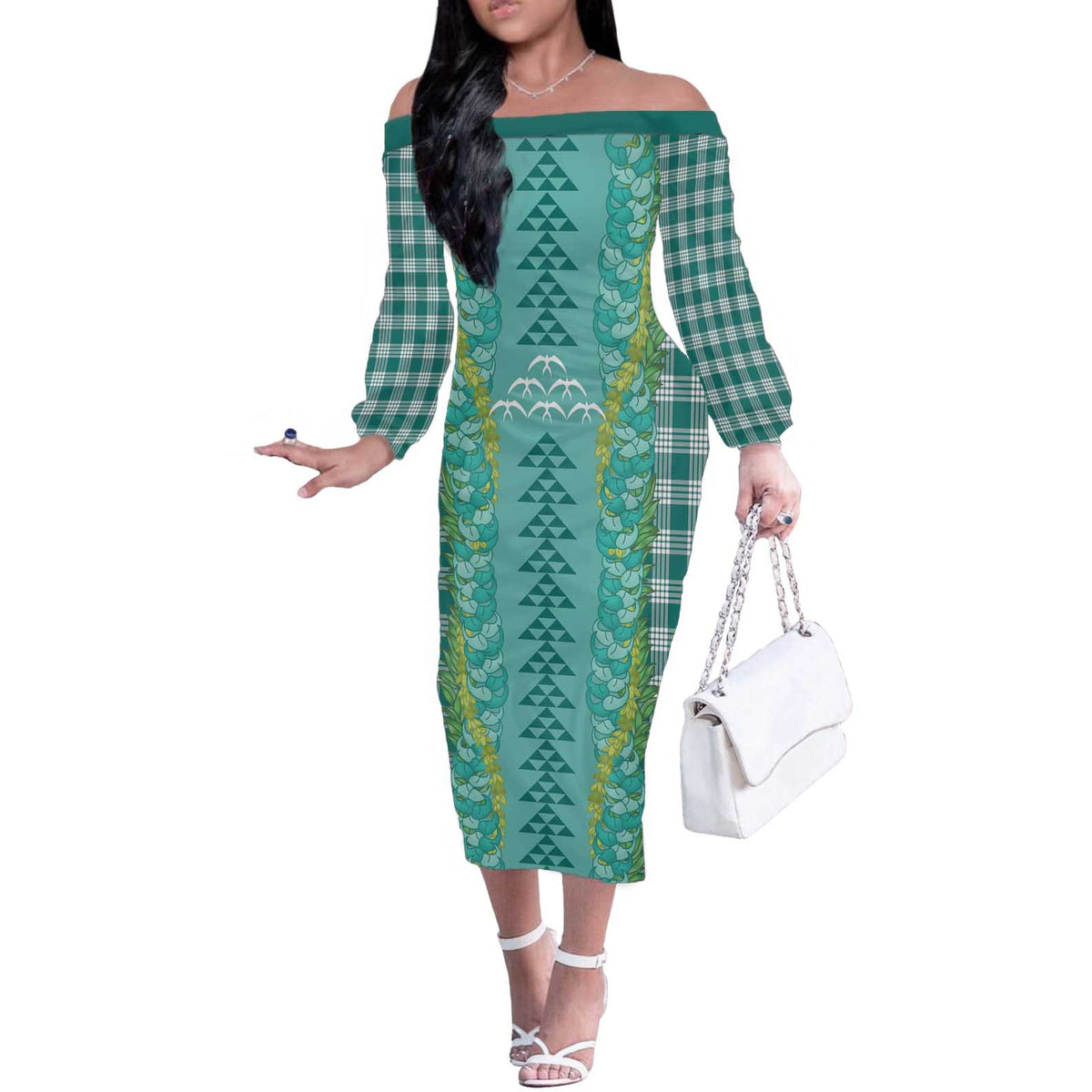 Teal Palaka Hawaii Iwa Bird Off The Shoulder Long Sleeve Dress Hawaiian Kakau Jade Vine Lei - Polynesian Pride