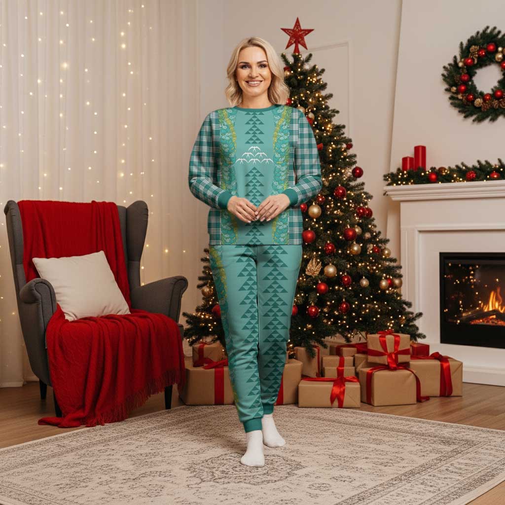 Teal Palaka Hawaii Iwa Bird Christmas Pajama Set Hawaiian Kakau Jade Vine Lei - Polynesian Pride