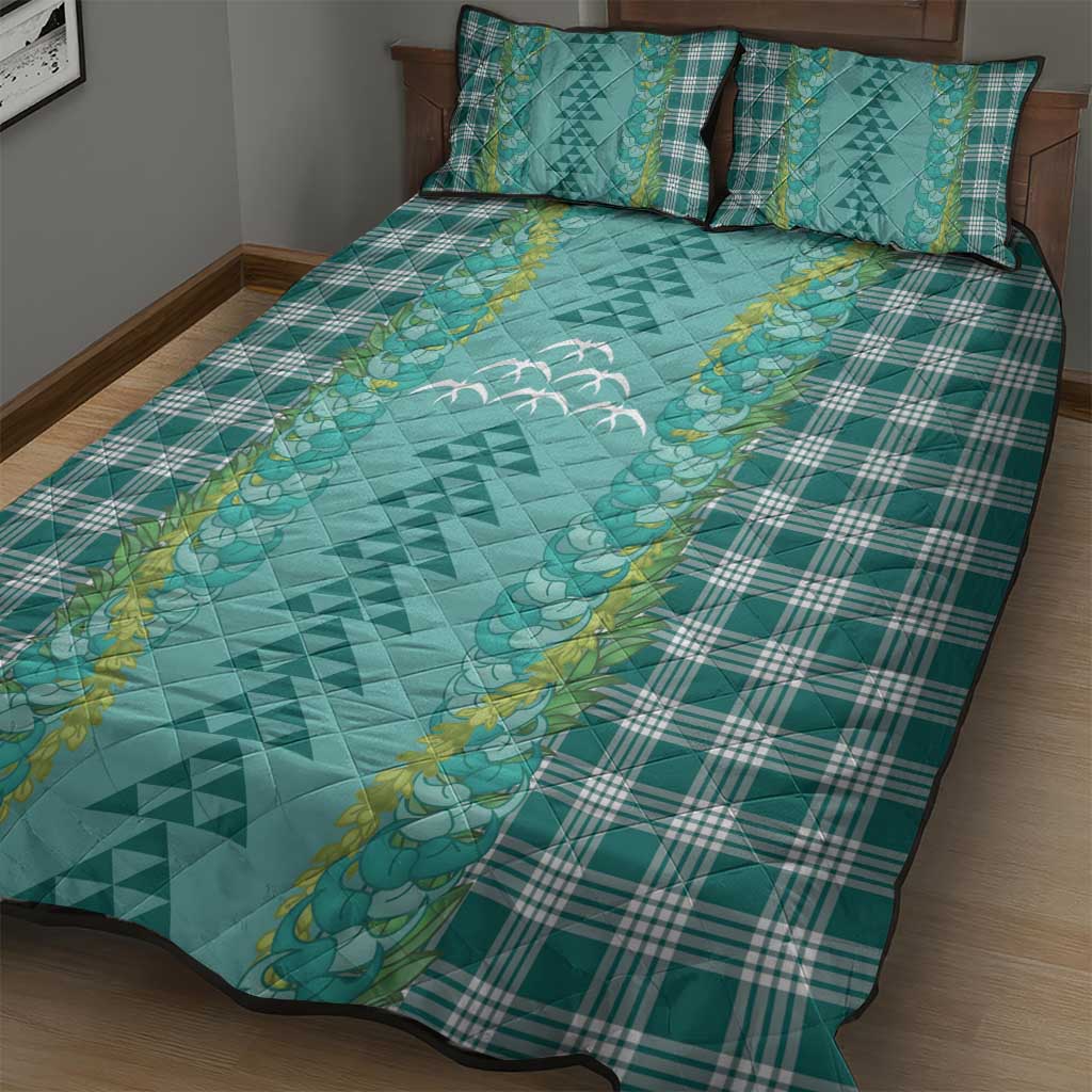 Teal Palaka Hawaii Iwa Bird Quilt Bed Set Hawaiian Kakau Jade Vine Lei - Polynesian Pride