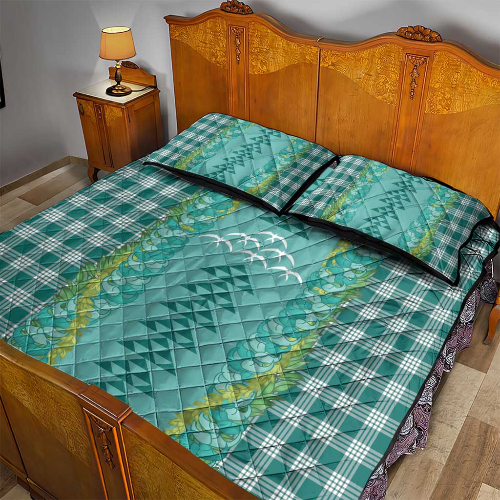 Teal Palaka Hawaii Iwa Bird Quilt Bed Set Hawaiian Kakau Jade Vine Lei - Polynesian Pride
