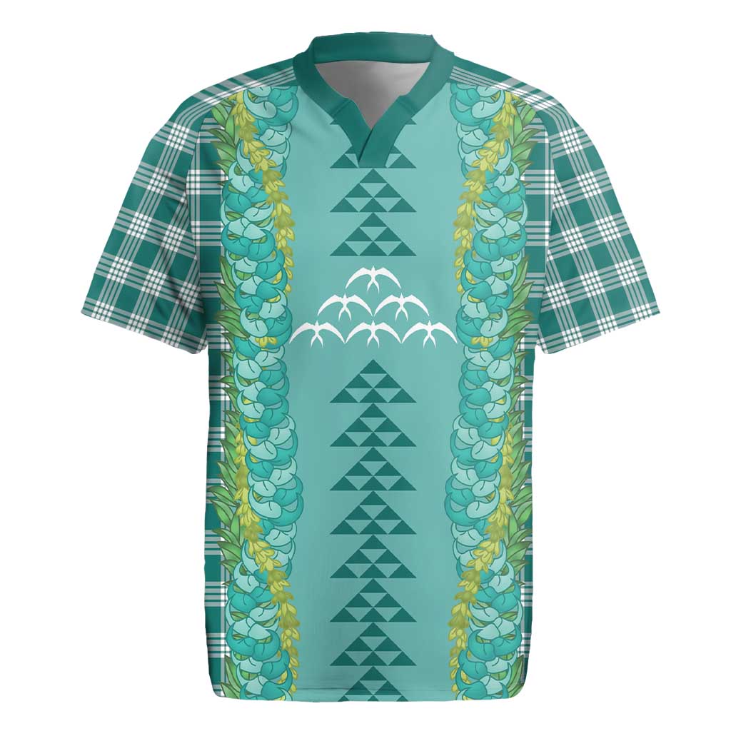 Teal Palaka Hawaii Iwa Bird Rugby Jersey Hawaiian Kakau Jade Vine Lei - Polynesian Pride
