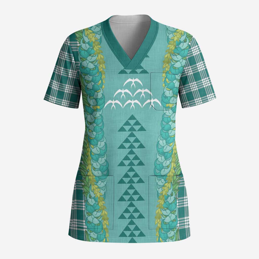 Teal Palaka Hawaii Iwa Bird Scrub Top Hawaiian Kakau Jade Vine Lei - Polynesian Pride