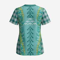 Teal Palaka Hawaii Iwa Bird Scrub Top Hawaiian Kakau Jade Vine Lei - Polynesian Pride