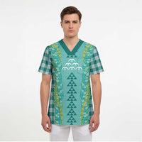 Teal Palaka Hawaii Iwa Bird Scrub Top Hawaiian Kakau Jade Vine Lei - Polynesian Pride