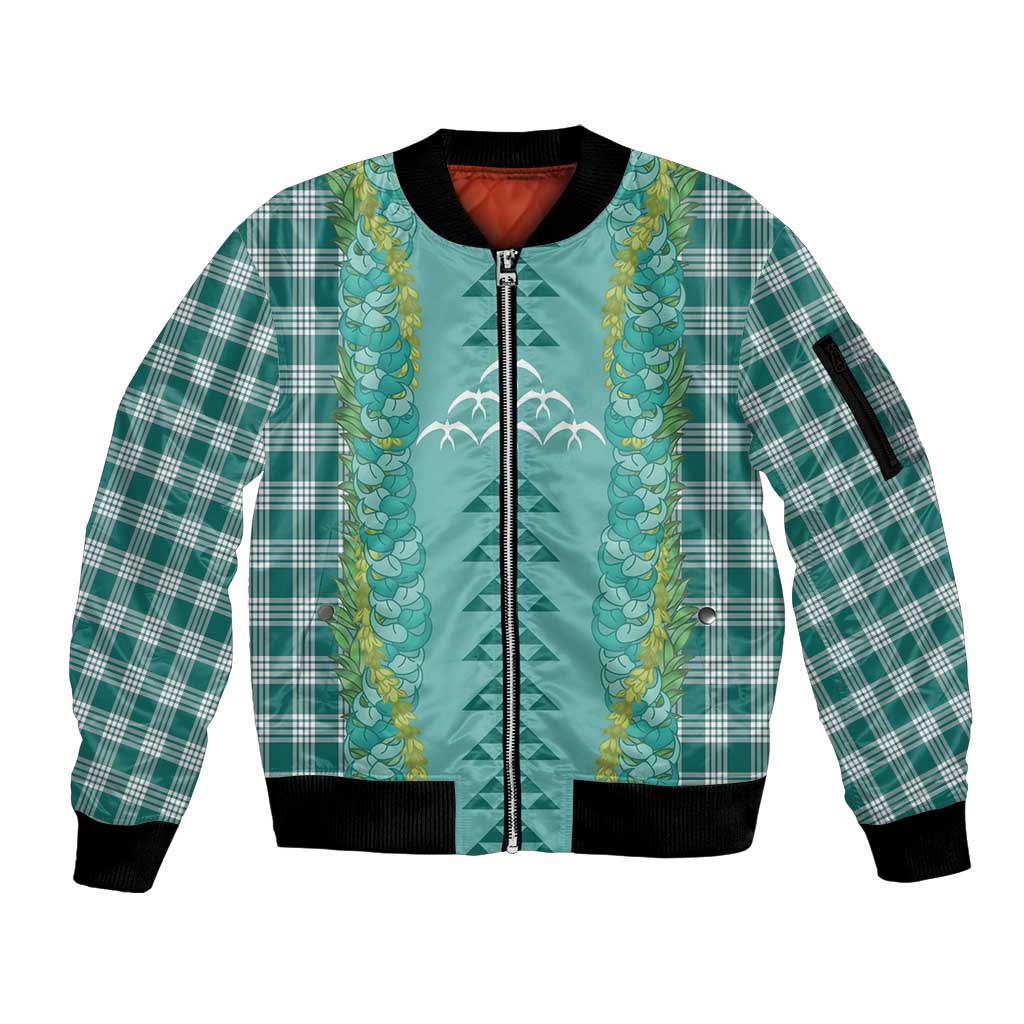 Teal Palaka Hawaii Iwa Bird Sleeve Zip Bomber Jacket Hawaiian Kakau Jade Vine Lei - Polynesian Pride