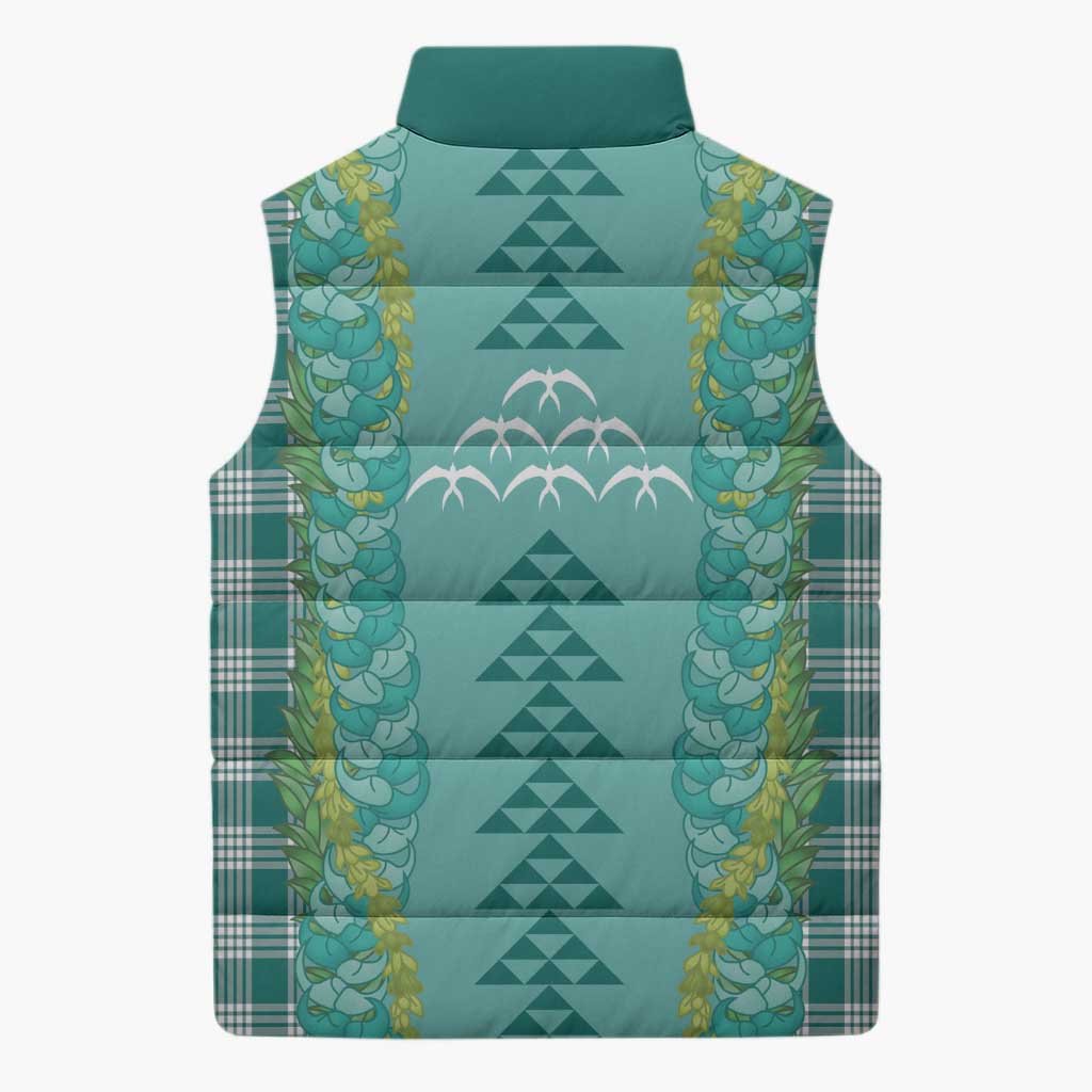 Teal Palaka Hawaii Iwa Bird Sleeveless Puffer Jacket Hawaiian Kakau Jade Vine Lei - Polynesian Pride