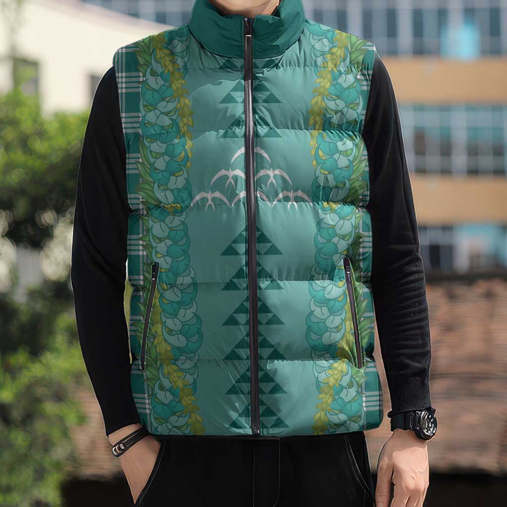 Teal Palaka Hawaii Iwa Bird Sleeveless Puffer Jacket Hawaiian Kakau Jade Vine Lei - Polynesian Pride