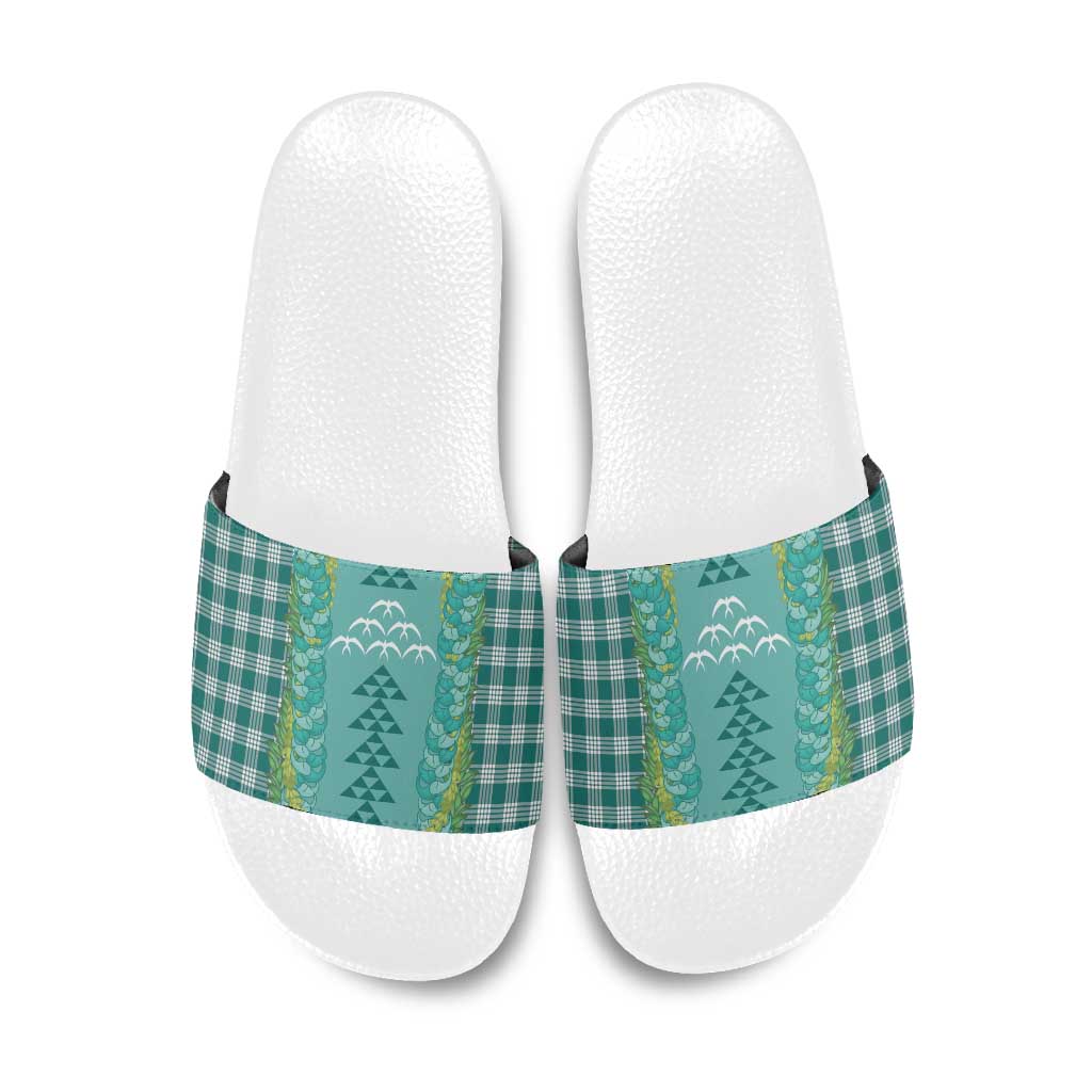 Teal Palaka Hawaii Iwa Bird Slide Sandals Hawaiian Kakau Jade Vine Lei - Polynesian Pride