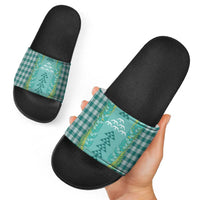 Teal Palaka Hawaii Iwa Bird Slide Sandals Hawaiian Kakau Jade Vine Lei - Polynesian Pride