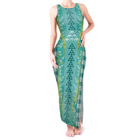 Teal Palaka Hawaii Iwa Bird Tank Maxi Dress Hawaiian Kakau Jade Vine Lei - Polynesian Pride