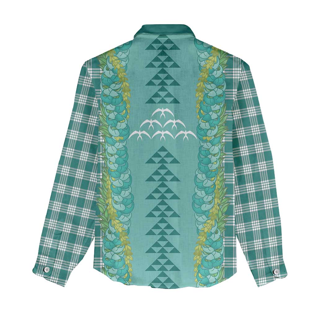 Teal Palaka Hawaii Iwa Bird Women Casual Shirt Hawaiian Kakau Jade Vine Lei - Polynesian Pride