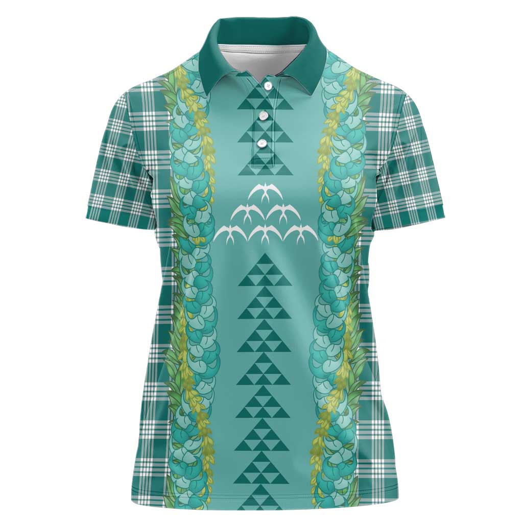 Teal Palaka Hawaii Iwa Bird Women Polo Shirt Hawaiian Kakau Jade Vine Lei - Polynesian Pride