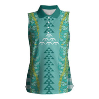 Teal Palaka Hawaii Iwa Bird Women Sleeveless Polo Shirt Hawaiian Kakau Jade Vine Lei - Polynesian Pride