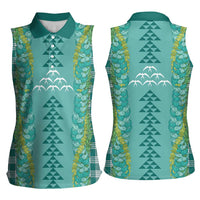 Teal Palaka Hawaii Iwa Bird Women Sleeveless Polo Shirt Hawaiian Kakau Jade Vine Lei - Polynesian Pride