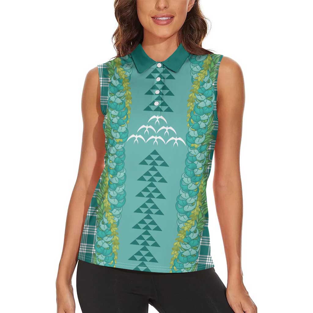 Teal Palaka Hawaii Iwa Bird Women Sleeveless Polo Shirt Hawaiian Kakau Jade Vine Lei - Polynesian Pride