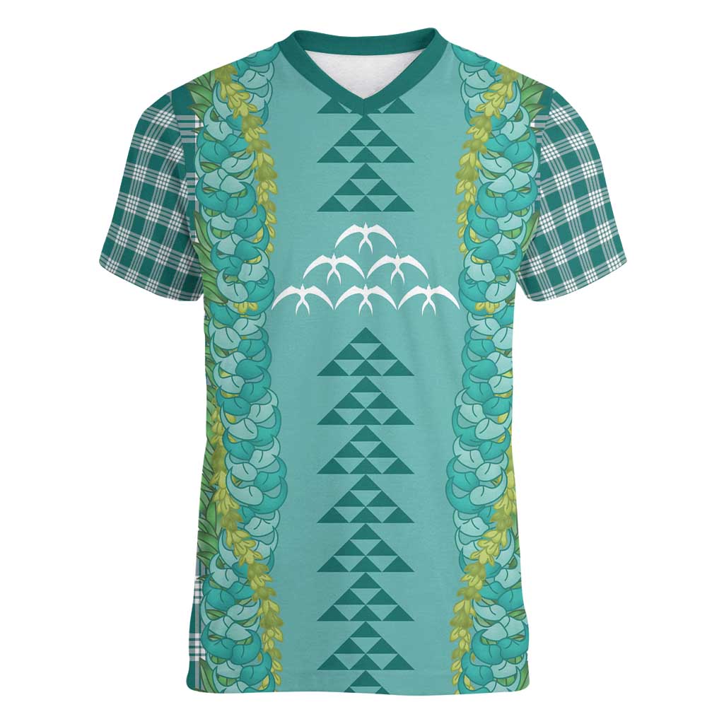 Teal Palaka Hawaii Iwa Bird Women V-Neck T-Shirt Hawaiian Kakau Jade Vine Lei - Polynesian Pride