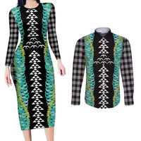 Black Palaka Hawaii Iwa Bird Couples Matching Long Sleeve Bodycon Dress and Long Sleeve Button Shirt Hawaiian Kakau Jade Vine Lei - Polynesian Pride