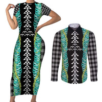 Black Palaka Hawaii Iwa Bird Couples Matching Short Sleeve Bodycon Dress and Long Sleeve Button Shirt Hawaiian Kakau Jade Vine Lei - Polynesian Pride