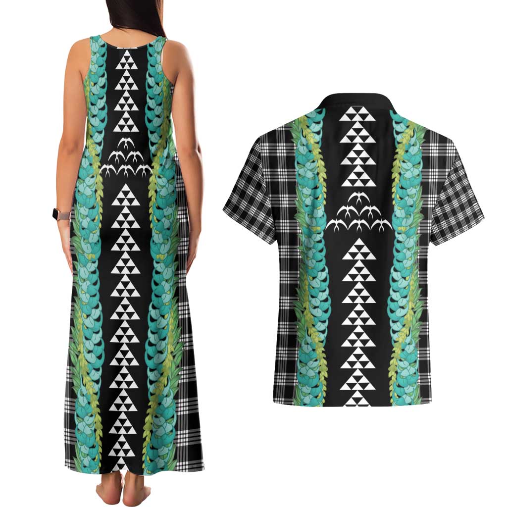 Black Palaka Hawaii Iwa Bird Couples Matching Tank Maxi Dress and Hawaiian Shirt Hawaiian Kakau Jade Vine Lei - Polynesian Pride