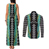 Black Palaka Hawaii Iwa Bird Couples Matching Tank Maxi Dress and Long Sleeve Button Shirt Hawaiian Kakau Jade Vine Lei - Polynesian Pride