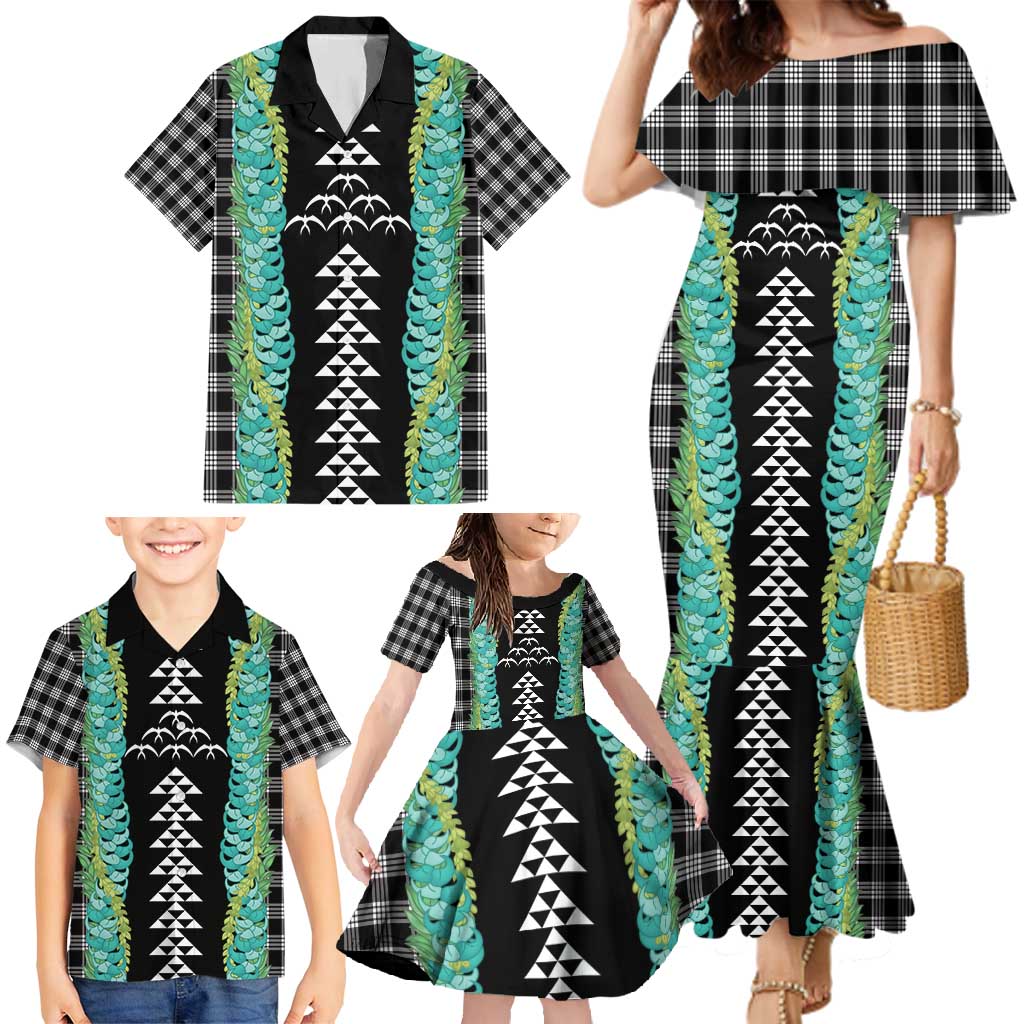 Black Palaka Hawaii Iwa Bird Family Matching Mermaid Dress and Hawaiian Shirt Hawaiian Kakau Jade Vine Lei - Polynesian Pride