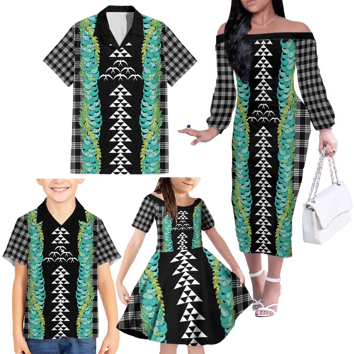 Black Palaka Hawaii Iwa Bird Family Matching Off The Shoulder Long Sleeve Dress and Hawaiian Shirt Hawaiian Kakau Jade Vine Lei - Polynesian Pride