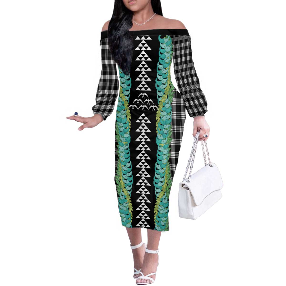 Black Palaka Hawaii Iwa Bird Family Matching Off The Shoulder Long Sleeve Dress and Hawaiian Shirt Hawaiian Kakau Jade Vine Lei - Polynesian Pride
