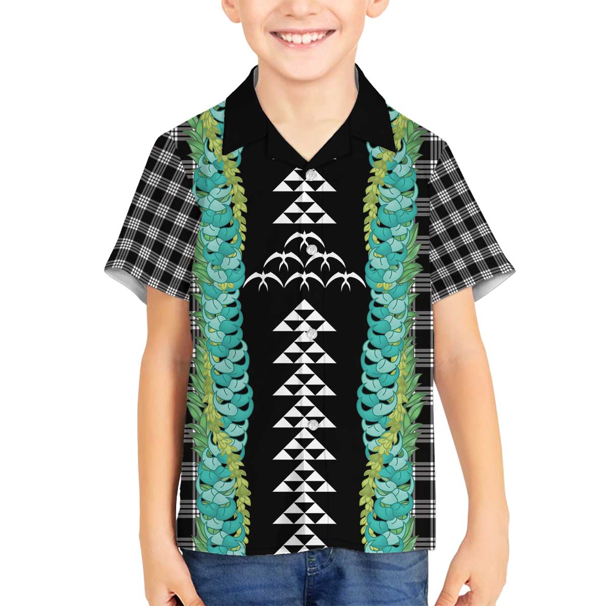 Black Palaka Hawaii Iwa Bird Family Matching Off The Shoulder Long Sleeve Dress and Hawaiian Shirt Hawaiian Kakau Jade Vine Lei - Polynesian Pride