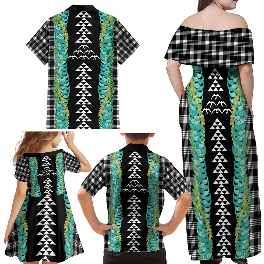 Black Palaka Hawaii Iwa Bird Family Matching Off Shoulder Maxi Dress and Hawaiian Shirt Hawaiian Kakau Jade Vine Lei - Polynesian Pride