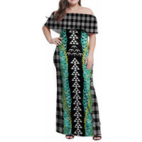 Black Palaka Hawaii Iwa Bird Family Matching Off Shoulder Maxi Dress and Hawaiian Shirt Hawaiian Kakau Jade Vine Lei - Polynesian Pride