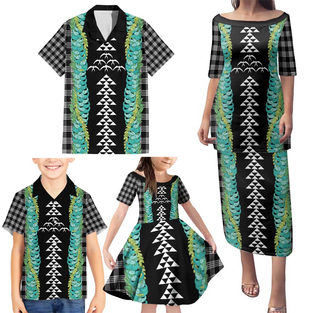 Black Palaka Hawaii Iwa Bird Family Matching Puletasi and Hawaiian Shirt Hawaiian Kakau Jade Vine Lei - Polynesian Pride