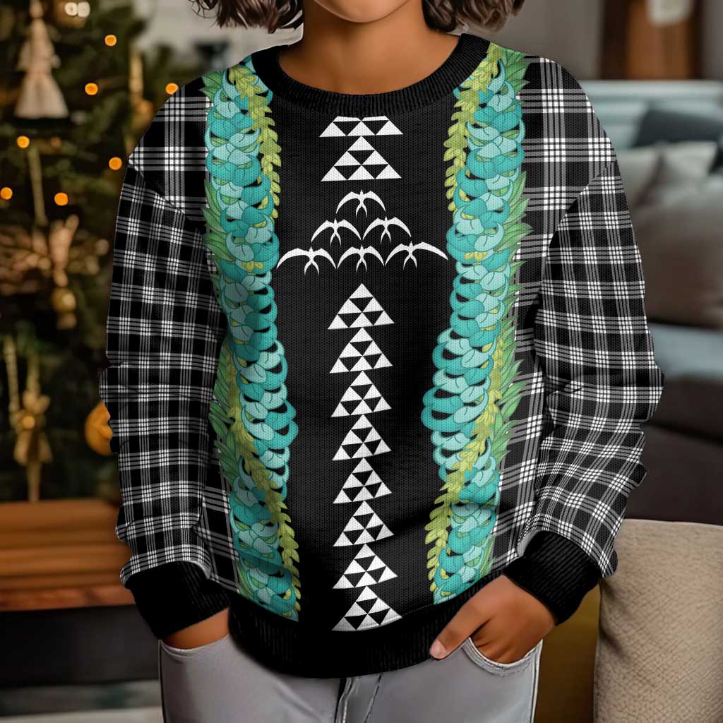 Black Palaka Hawaii Iwa Bird Kid Ugly Christmas Sweater Hawaiian Kakau Jade Vine Lei - Polynesian Pride