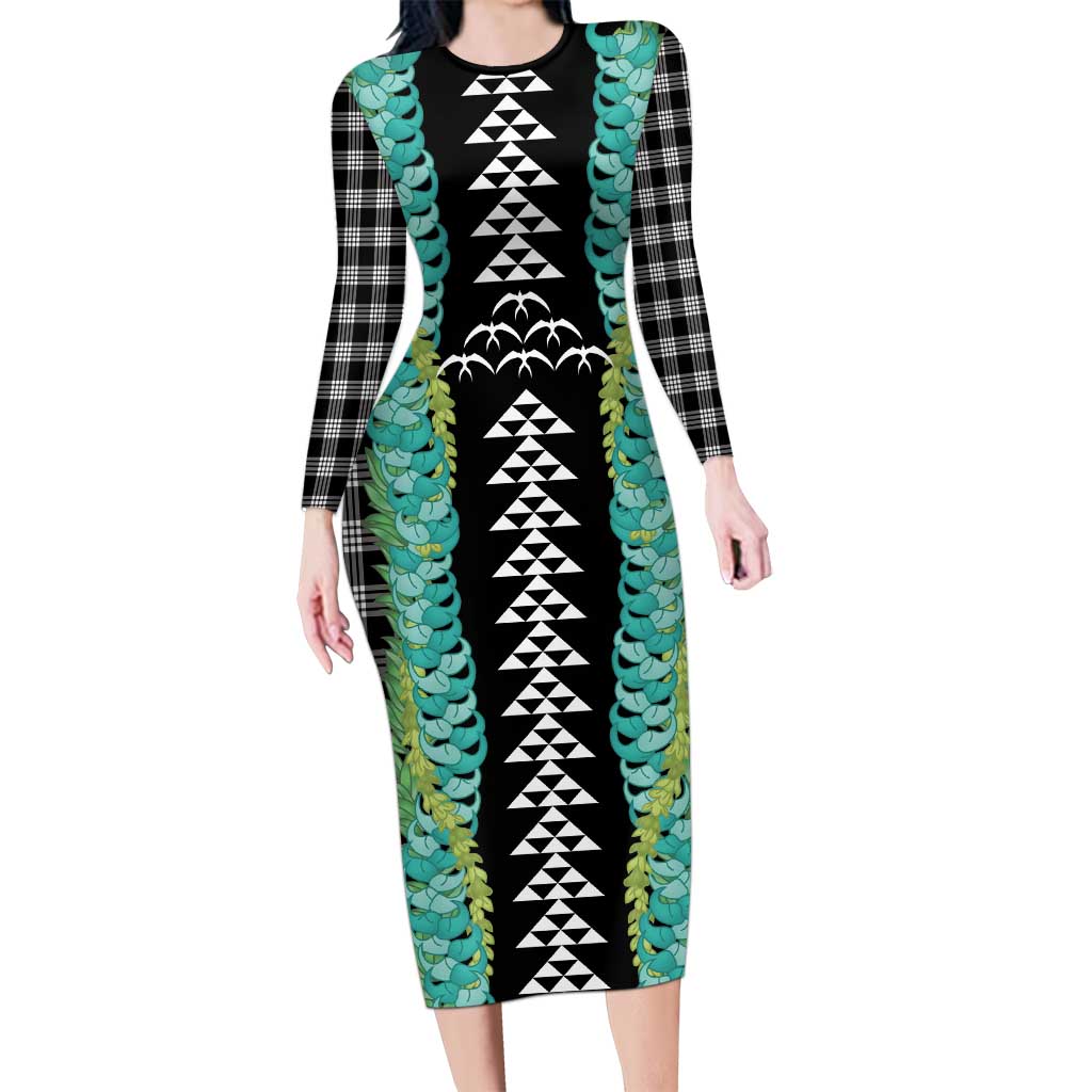 Black Palaka Hawaii Iwa Bird Long Sleeve Bodycon Dress Hawaiian Kakau Jade Vine Lei - Polynesian Pride
