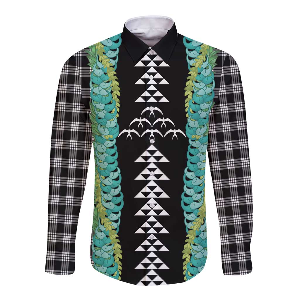 Black Palaka Hawaii Iwa Bird Long Sleeve Button Shirt Hawaiian Kakau Jade Vine Lei - Polynesian Pride