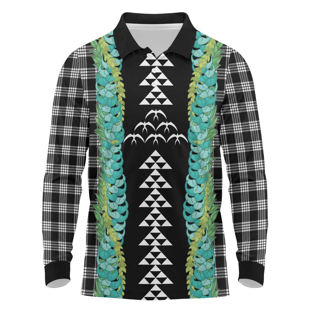 Black Palaka Hawaii Iwa Bird Long Sleeve Polo Shirt Hawaiian Kakau Jade Vine Lei - Polynesian Pride