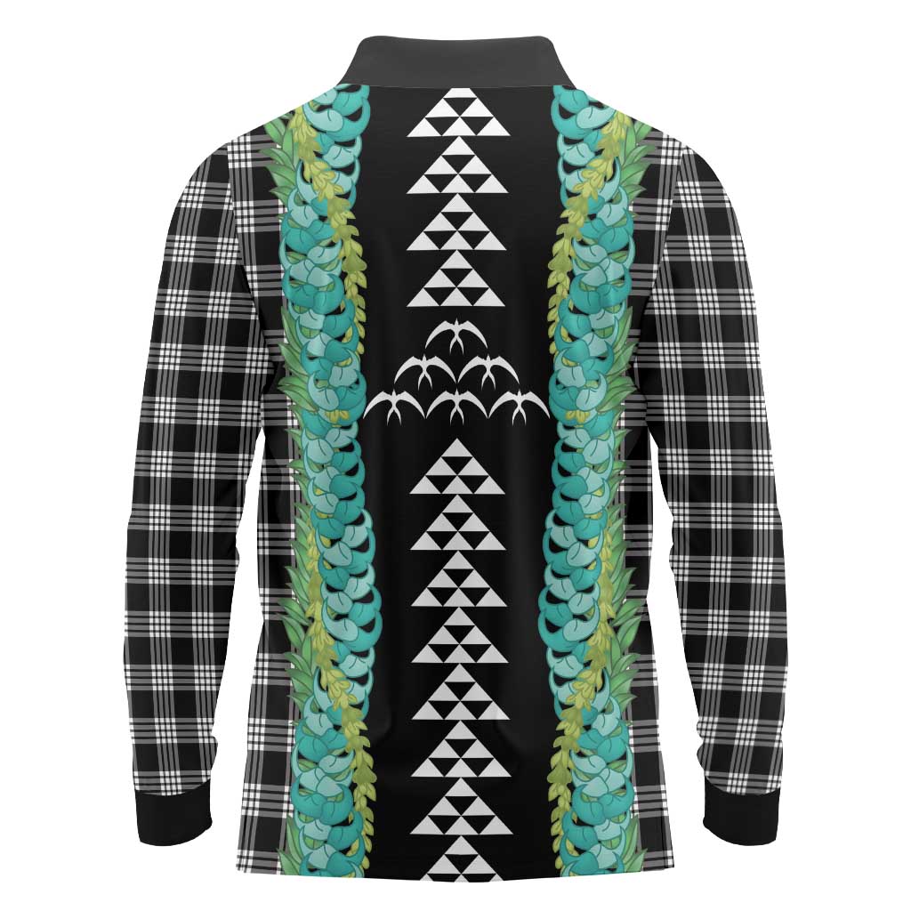 Black Palaka Hawaii Iwa Bird Long Sleeve Polo Shirt Hawaiian Kakau Jade Vine Lei - Polynesian Pride