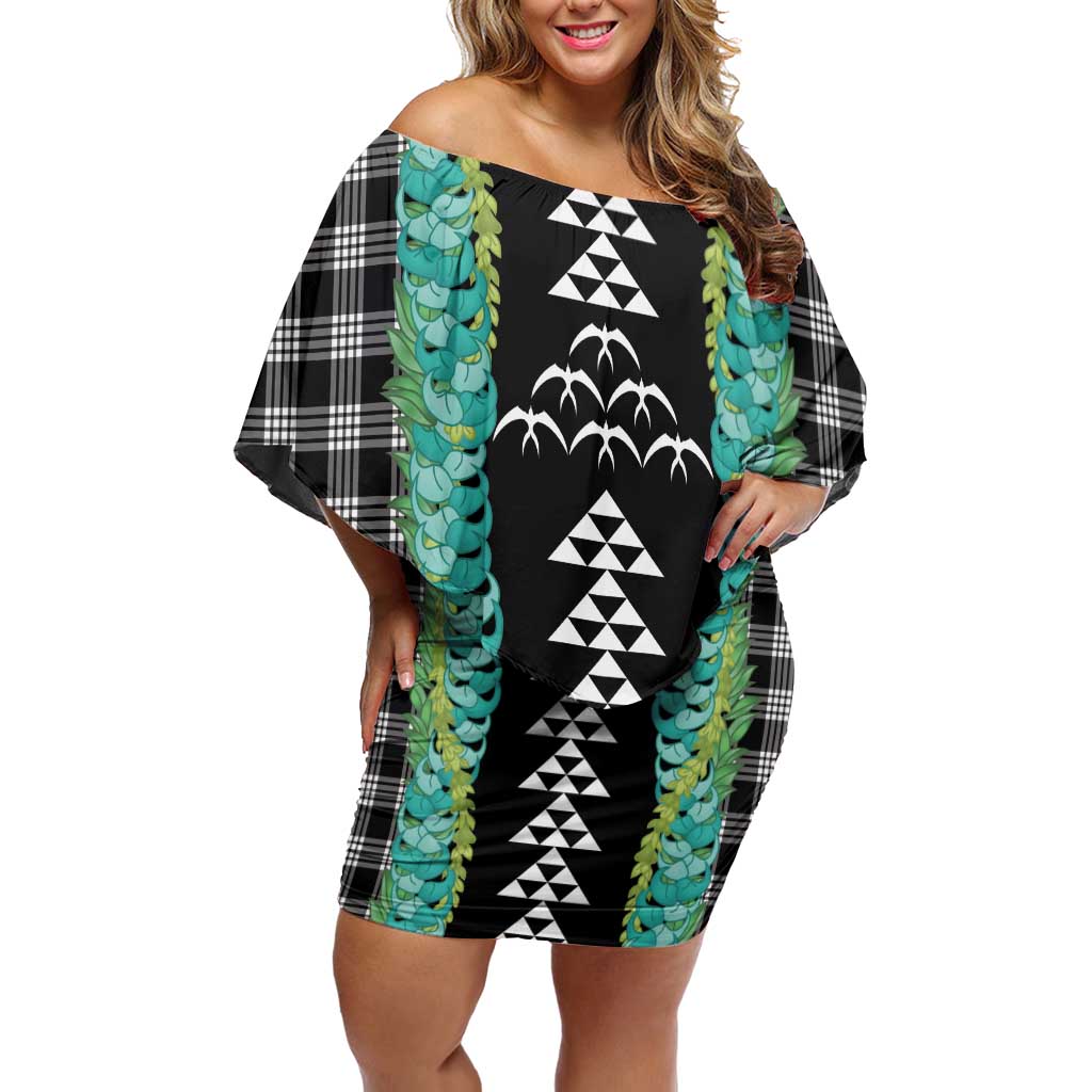 Black Palaka Hawaii Iwa Bird Off Shoulder Short Dress Hawaiian Kakau Jade Vine Lei - Polynesian Pride