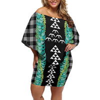 Black Palaka Hawaii Iwa Bird Off Shoulder Short Dress Hawaiian Kakau Jade Vine Lei - Polynesian Pride