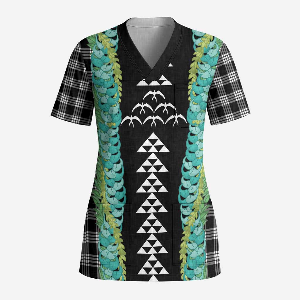 Black Palaka Hawaii Iwa Bird Scrub Top Hawaiian Kakau Jade Vine Lei - Polynesian Pride