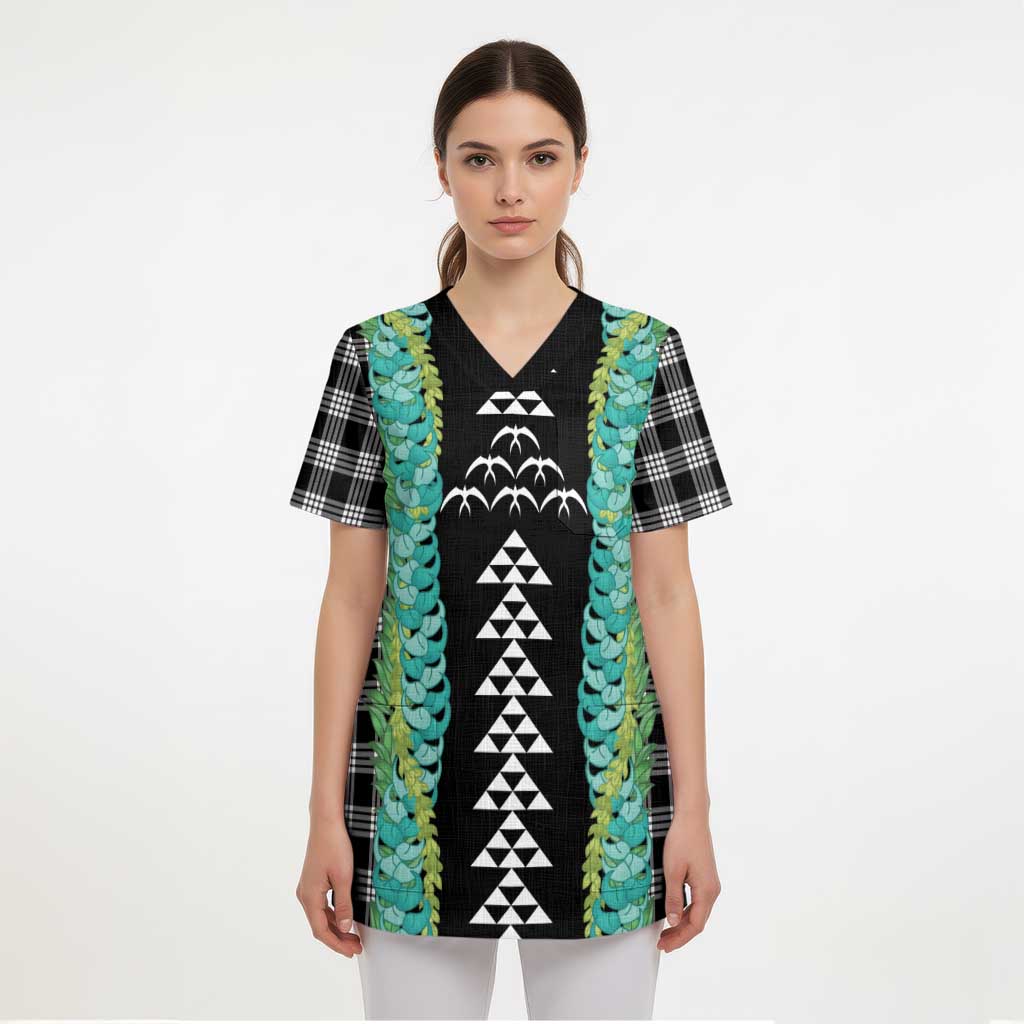 Black Palaka Hawaii Iwa Bird Scrub Top Hawaiian Kakau Jade Vine Lei - Polynesian Pride