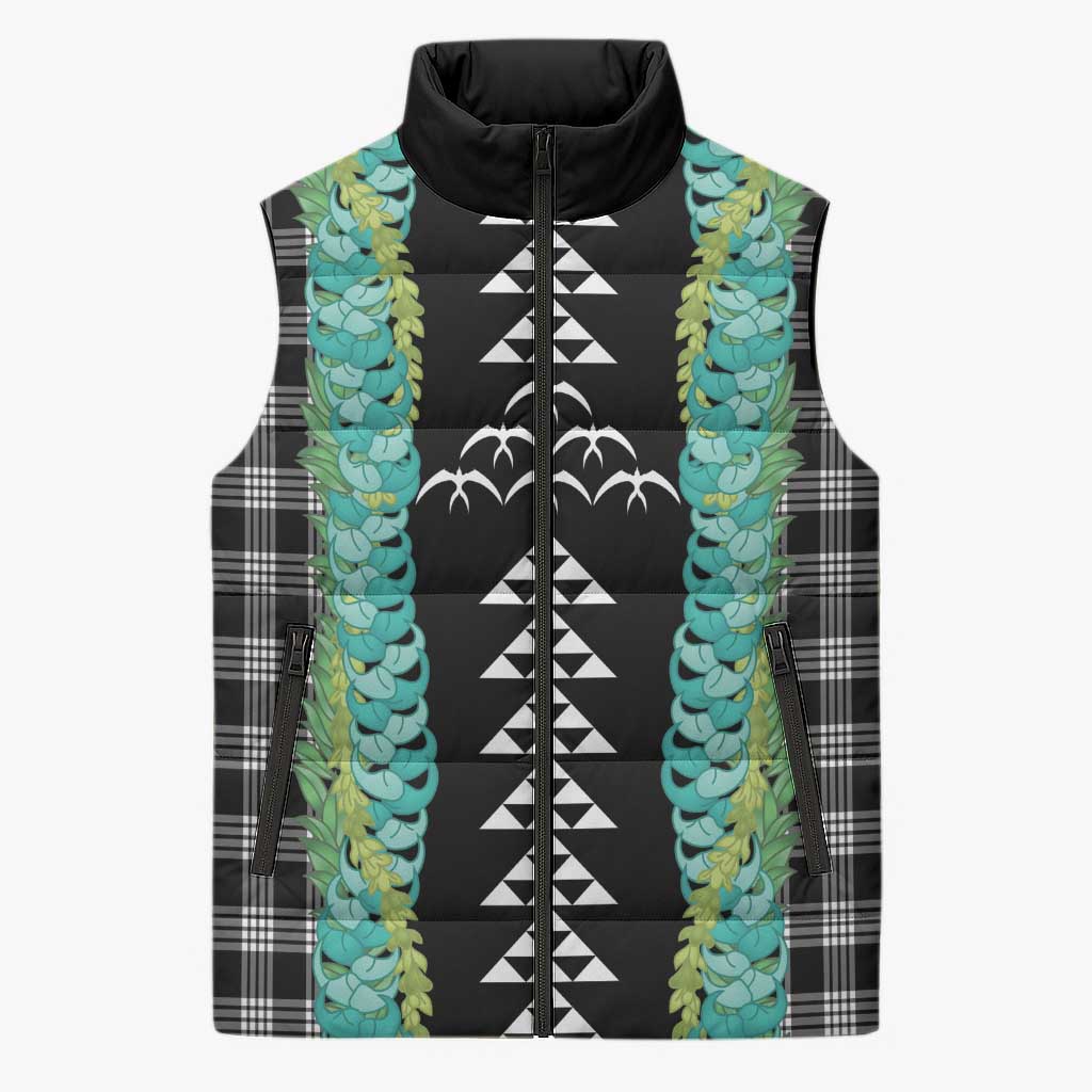 Black Palaka Hawaii Iwa Bird Sleeveless Puffer Jacket Hawaiian Kakau Jade Vine Lei - Polynesian Pride