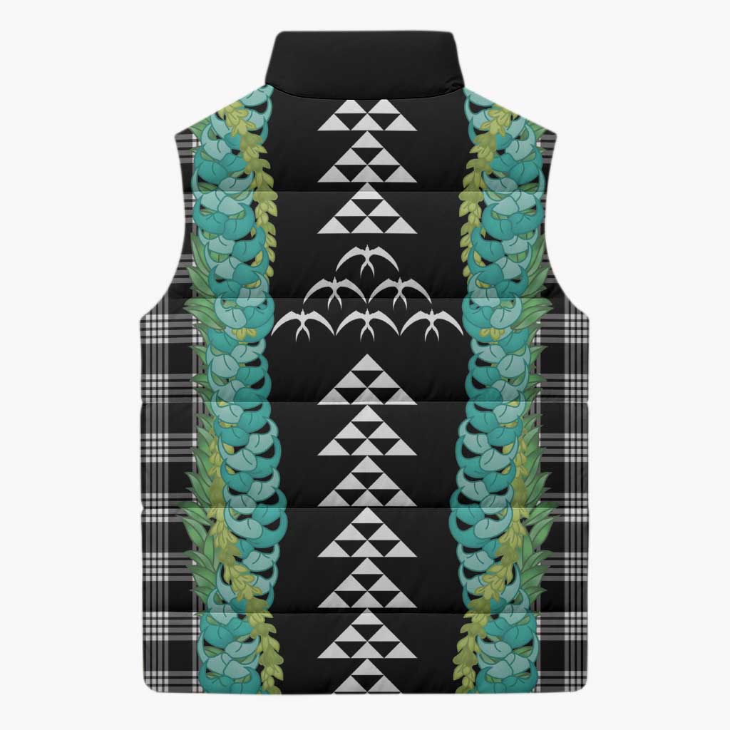 Black Palaka Hawaii Iwa Bird Sleeveless Puffer Jacket Hawaiian Kakau Jade Vine Lei - Polynesian Pride