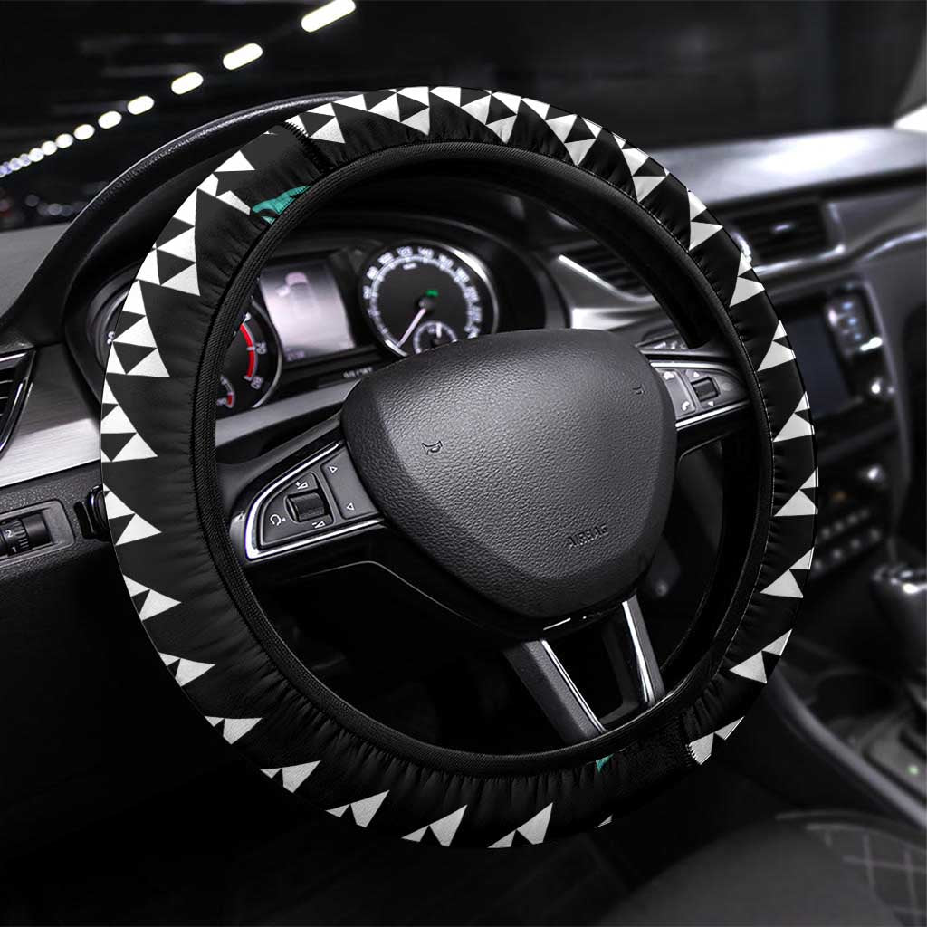 Black Palaka Hawaii Iwa Bird Steering Wheel Cover Hawaiian Kakau Jade Vine Lei - Polynesian Pride