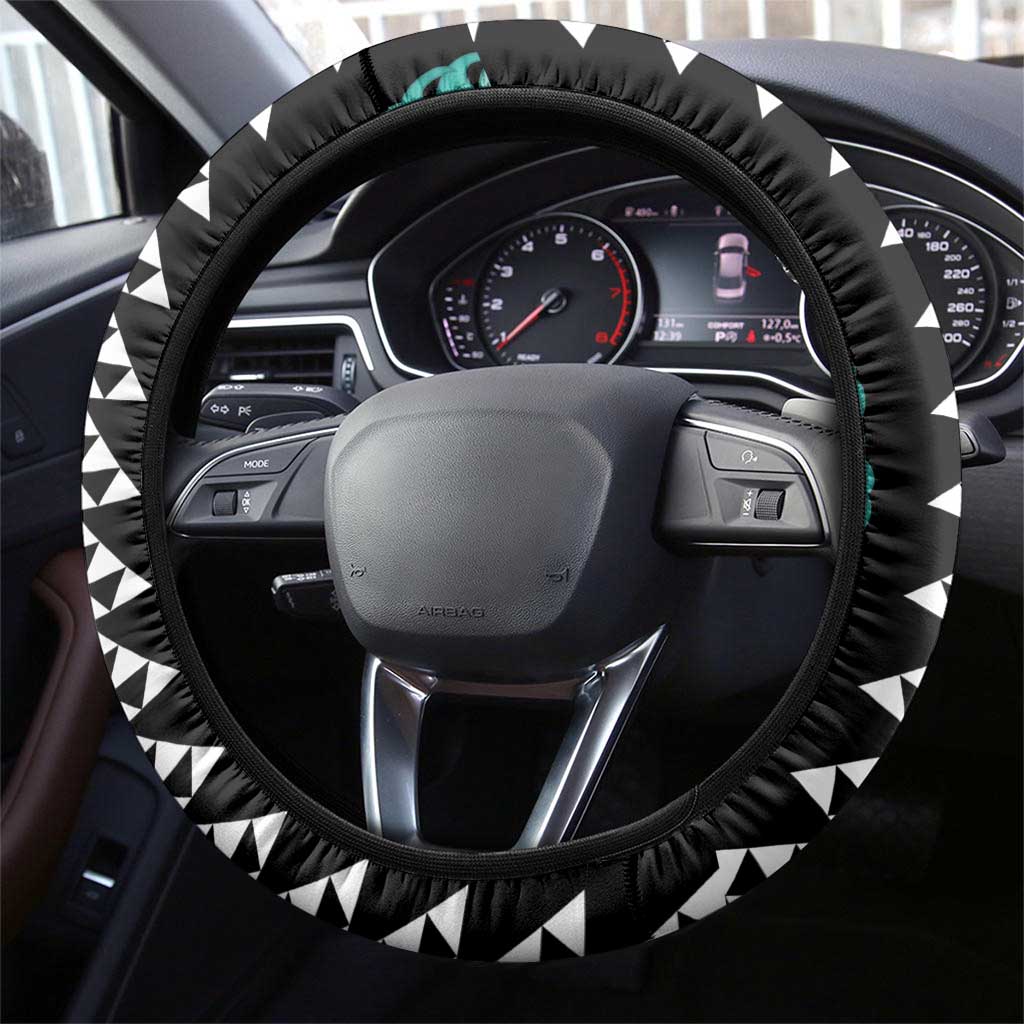 Black Palaka Hawaii Iwa Bird Steering Wheel Cover Hawaiian Kakau Jade Vine Lei - Polynesian Pride