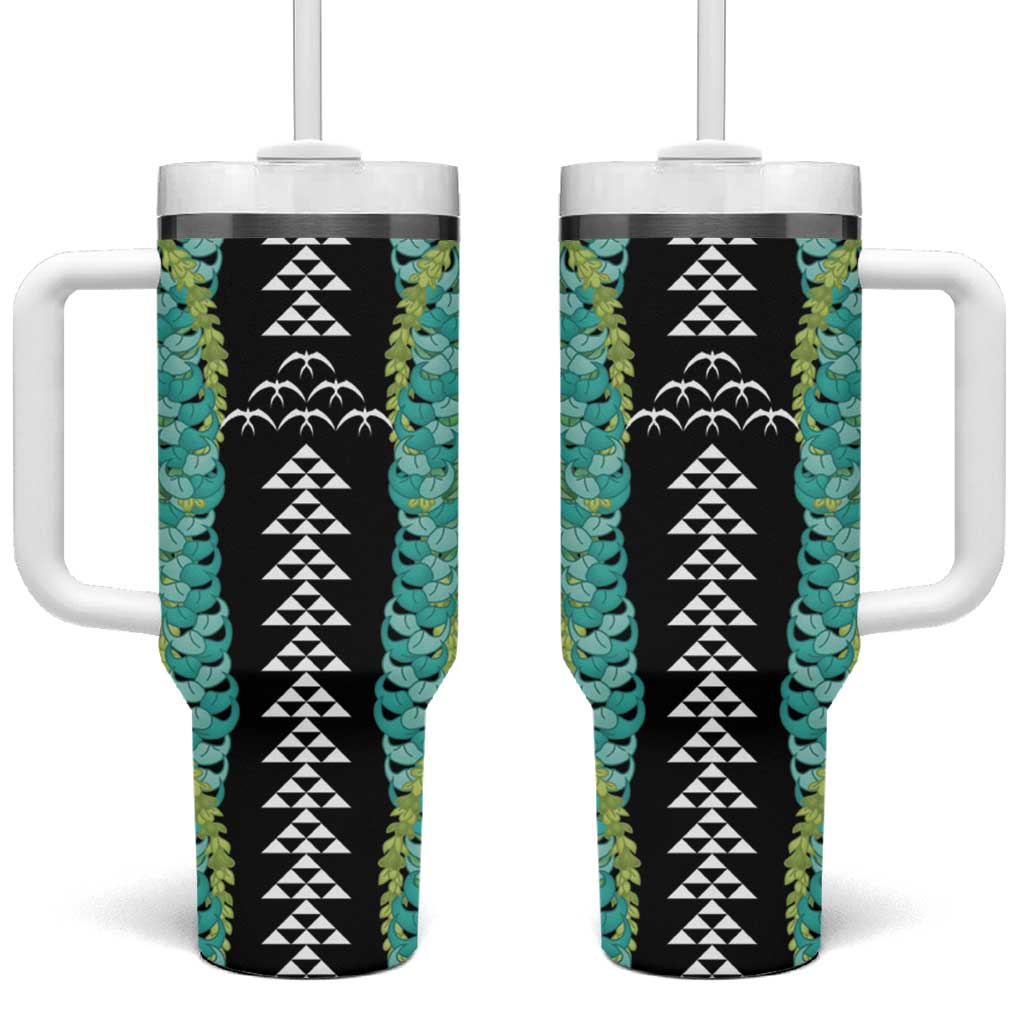 Black Palaka Hawaii Iwa Bird Tumbler With Handle Hawaiian Kakau Jade Vine Lei - Polynesian Pride