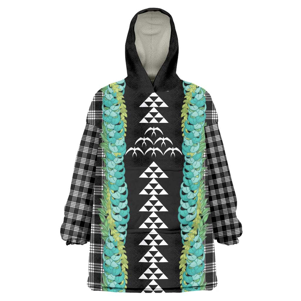Black Palaka Hawaii Iwa Bird Wearable Blanket Hoodie Hawaiian Kakau Jade Vine Lei - Polynesian Pride